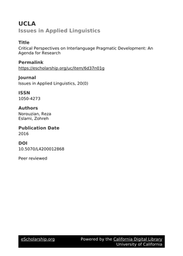 Critical Perspectives on Interlanguage Pragmatic Development: an Agenda for Research