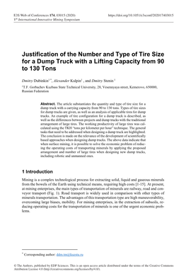 Justification of the Number and Type of Tire Size for a Dump Truck with a Lifting Capacity from 90 to 130 Tons