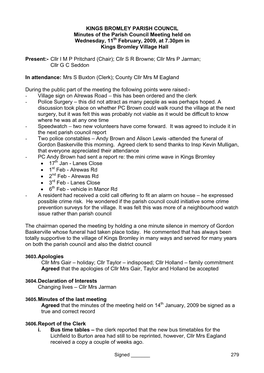 KINGS BROMLEY PARISH COUNCIL Minutes of the Parish Council Meeting Held on Wednesday, 11Th February, 2009, at 7.30Pm in Kings Bromley Village Hall