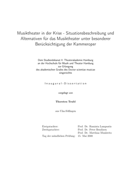 Musiktheater in Der Krise - Situationsbeschreibung Und Alternativen Für Das Musiktheater Unter Besonderer Berücksichtigung Der Kammeroper