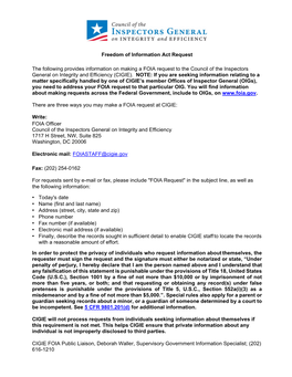 Freedom of Information Act Request the Following Provides Information on Making a FOIA Request to the Council of the Inspectors