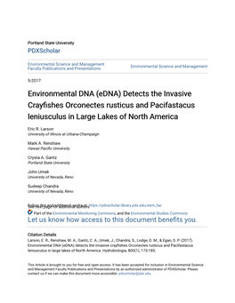 Environmental DNA (Edna) Detects the Invasive Crayfishes Orconectes Rusticus and Pacifastacus Leniusculus in Large Lakes of North America