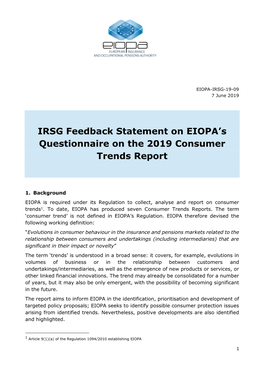 IRSG Feedback Statement on EIOPA's Questionnaire on the 2019 Consumer Trends Report