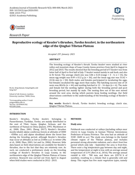 Research Paper Reproductive Ecology of Kessler's Thrushes