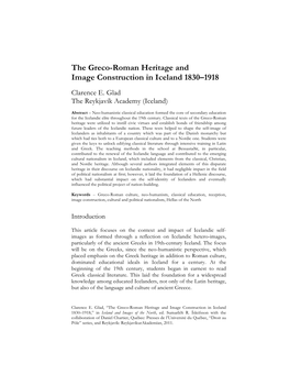 The Greco-Roman Heritage and Image Construction in Iceland 1830–1918