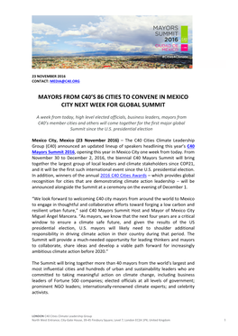 Mayors from C40's 86 Cities to Convene in Mexico City Next