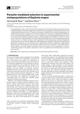 Parasite-Mediated Selection in Experimental Metapopulations of Daphnia Magna Christoph R