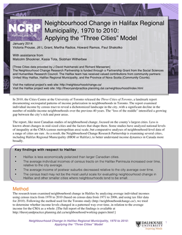 Neighbourhood Change in Halifax Regional Municipality, 1970 To