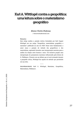 Karl A. Wittfogel Contra a Geopolítica: Uma Leitura Sobre O Materialismo Geográfico