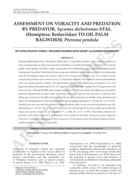 (Hemiptera: Reduviidae) to OIL PALM BAGWORM, Pteroma Pendula