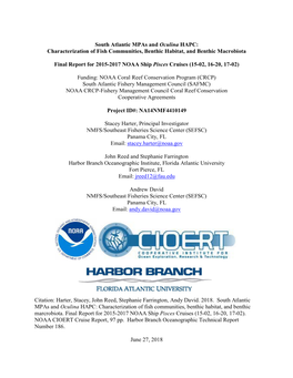 South Atlantic Mpas and Oculina HAPC: Characterization of Fish Communities, Benthic Habitat, and Benthic Macrobiota