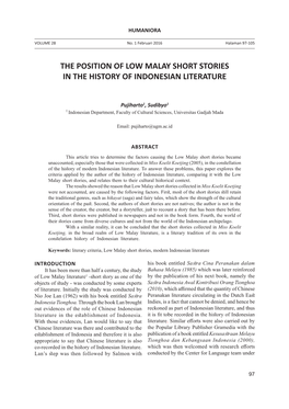 The Position of Low Malay Short Stories in the History of Indonesian Literature