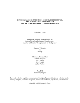 Intersexual Communication, Male Mate Preference, and Reproductive Energetics of the Polygynous Lizard, Anolis Carolinensis