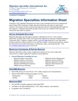 Migration Specialties Information Sheet