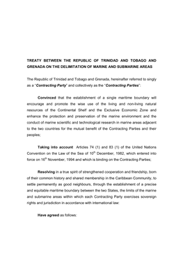 Treaty Between the Republic of Trinidad and Tobago and Grenada on the Delimitation of Marine and Submarine Areas