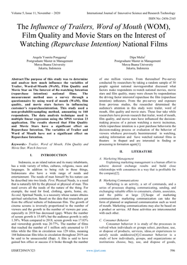 The Influence of Trailers, Word of Mouth (WOM), Film Quality and Movie Stars on the Interest of Watching (Repurchase Intention) National Films