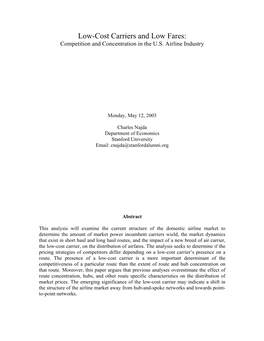 Low-Cost Carriers and Low Fares: Competition and Concentration in the U.S