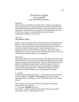 The Prince of Egypt Activity Guide Prepared by Rabbi David Debow