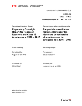 Regulatory Oversight Report for Research Reactors and Class IB