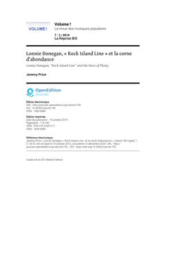 Lonnie Donegan, « Rock Island Line » Et La Corne D’Abondance Lonnie Donegan, “Rock Island Line” and the Horn of Plenty