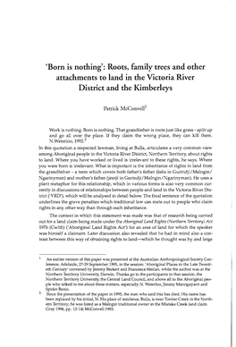 Born Is Nothing: Roots, Family Trees and Other Attachments to Land in the Victoria River District and the Kimberleys