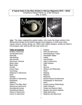 A Topical Index to the Main Articles in Mercury Magazine (1972 – 2019) Compiled by Andrew Fraknoi (U