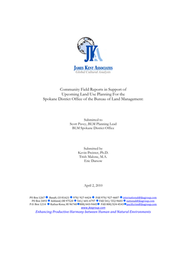Community Field Reports in Support of Upcoming Land Use Planning for the Spokane District Office of the Bureau of Land Management