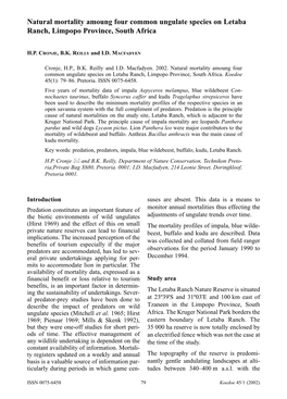 Natural Mortality Amoung Four Common Ungulate Species on Letaba Ranch, Limpopo Province, South Africa