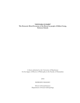 HONIARA IS HARD” the Domestic Moral Economy of the Kwara’Ae People of Gilbert Camp, Solomon Islands