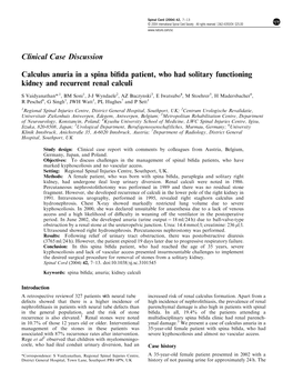 Clinical Case Discussion Calculus Anuria in a Spina Bifida Patient, Who Had Solitary Functioning Kidney and Recurrent Renal Calc