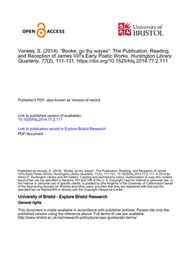 The Publication, Reading, and Reception of James VI/I's Early Poetic Works. Huntington Library Quarterly, 77(2), 111-131