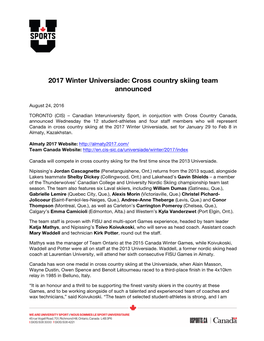 2017 Winter Universiade: Cross Country Skiing Team Announced