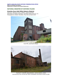 Granite-Cora-Holt Mills Historic District Haw River, Alamance County, AM2657, Listed 4/23/2020 Nomination by Heather Fearnbach, Fearnbach History Services, Inc