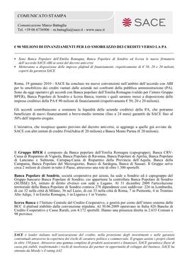 SACE: € 90 Milioni Di Finanziamenti Per Lo Smobilizzo Dei Crediti Verso La