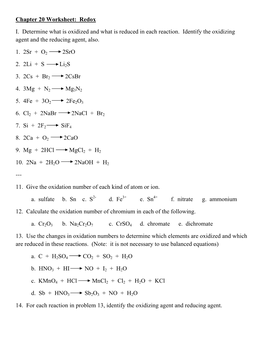 Chapter 20 Worksheet: Redox I. Determine What Is Oxidized And