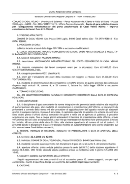 Giunta Regionale Della Campania COMUNE DI CASAL VELINO