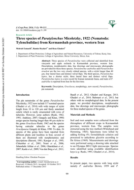 Three Species of Paratylenchus Micoletzky, 1922 (Nematoda: Tylenchulidae) from Kermanshah Province, Western Iran