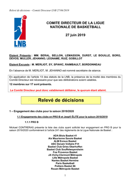 Relevé De Décisions – Comité Directeur LNB 27/06/2019