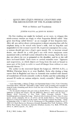 QUST IBN L Q 'S PHYSICAL LIGATURES and the RECOGNITION of the PLACEBO EFFECT with an Edition and Translation JUDITH WILCO