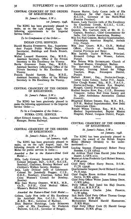 SUPPLEMENT to the LONDON GAZETTE, I JANUARY, 1948 CENTRAL CHANCERY of the ORDERS Frances Marion, Lady CAROE (Wife of His of KNIGHTHOOD