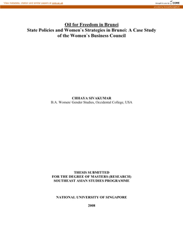 Oil for Freedom in Brunei State Policies and Women`S Strategies in Brunei: a Case Study of the Women`S Business Council