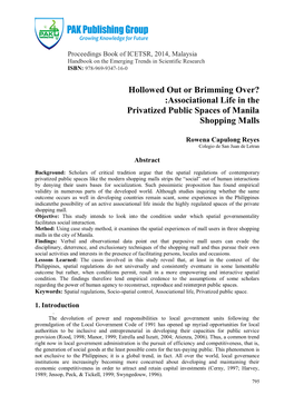 Associational Life in the Privatized Public Spaces of Manila Shopping Malls