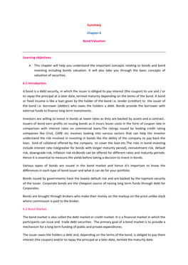 Summary Chapter 6 Bond Valuation Learning