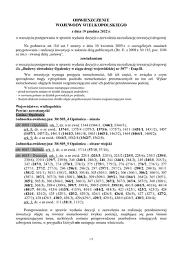 OBWIESZCZENIE WOJEWODY WIELKOPOLSKIEGO Z Dnia 19 Grudnia 2012 R