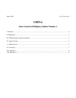 CHINA State Control of Religion, Update Number 1