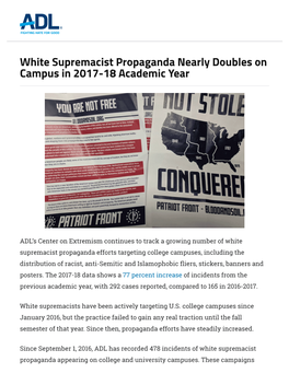 White Supremacist Propaganda Nearly Doubles on Campus in 2017-18 Academic Year