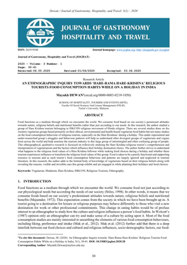 Hare-Rama Hare-Krishna’ Religious Tourists Food Consumption Habits While on a Holiday in India
