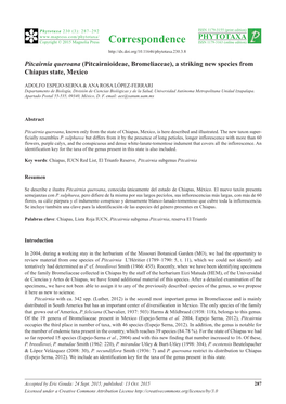 Pitcairnia Queroana (Pitcairnioideae, Bromeliaceae), a Striking New Species from Chiapas State, Mexico