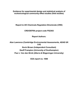 Guidance for Experimental Design and Statistical Analysis of Ecotoxicological Community Effect Studies (Field Studies)