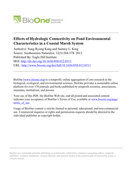 Effects of Hydrologic Connectivity on Pond Environmental Characteristics in a Coastal Marsh System Author(S): Sung-Ryong Kang and Sammy L